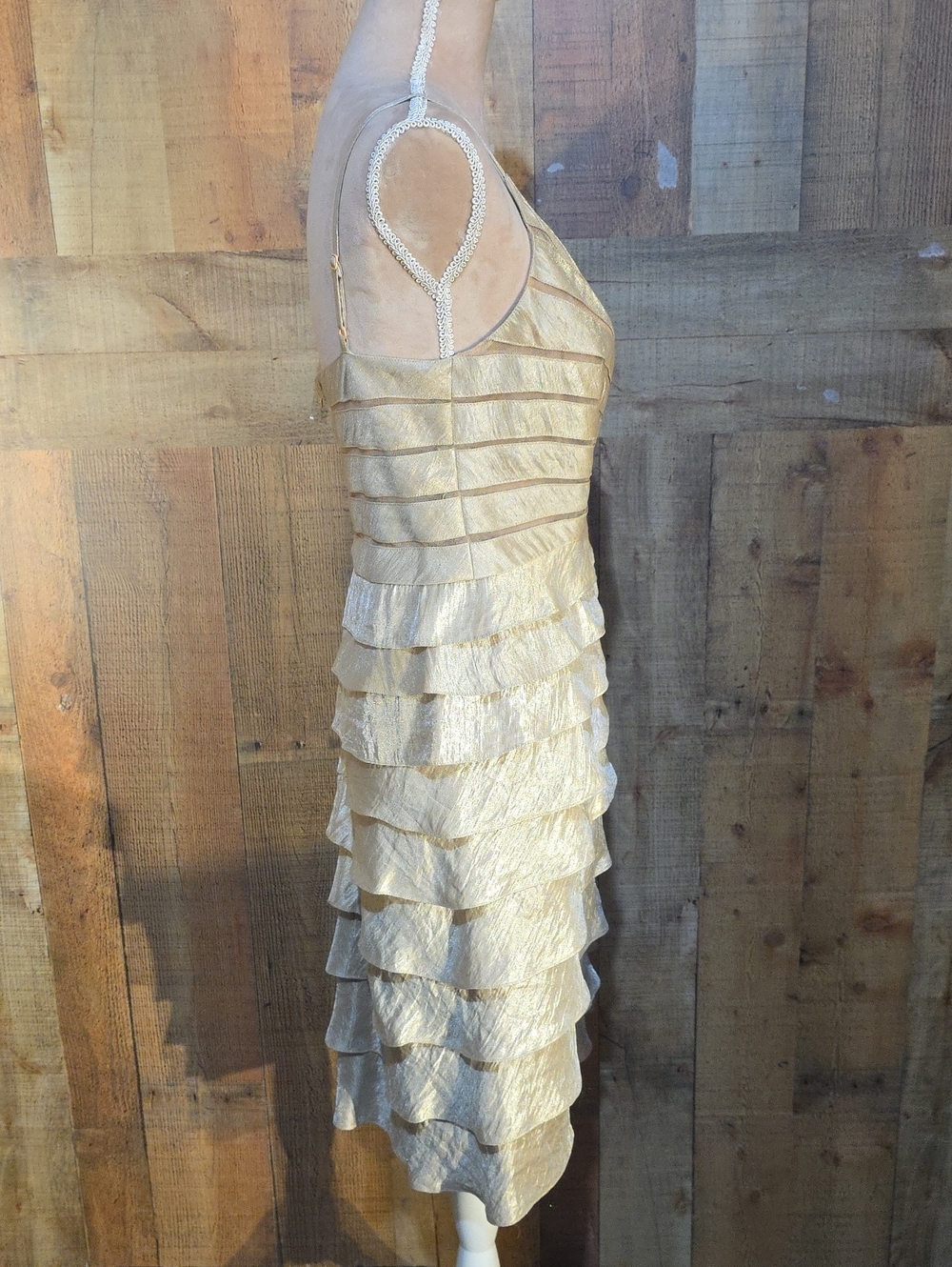 Adrianna Papell Shimmery Ivory Tiered V-Neck Mini Dress - Picture 13 of 14